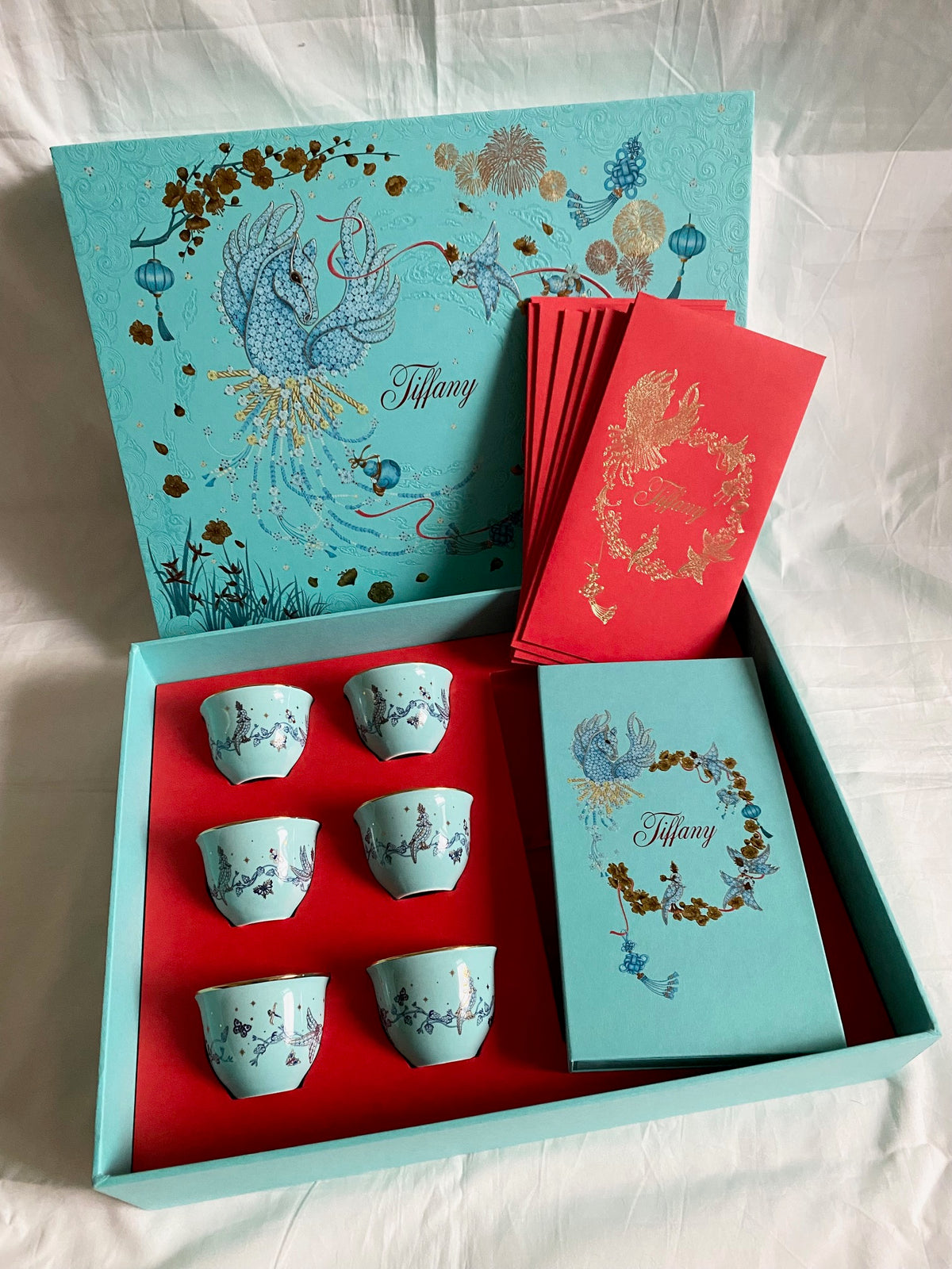 Tiffany & Co 2026 Chinese New Year bird on a rock ceramic cups & red packet box set