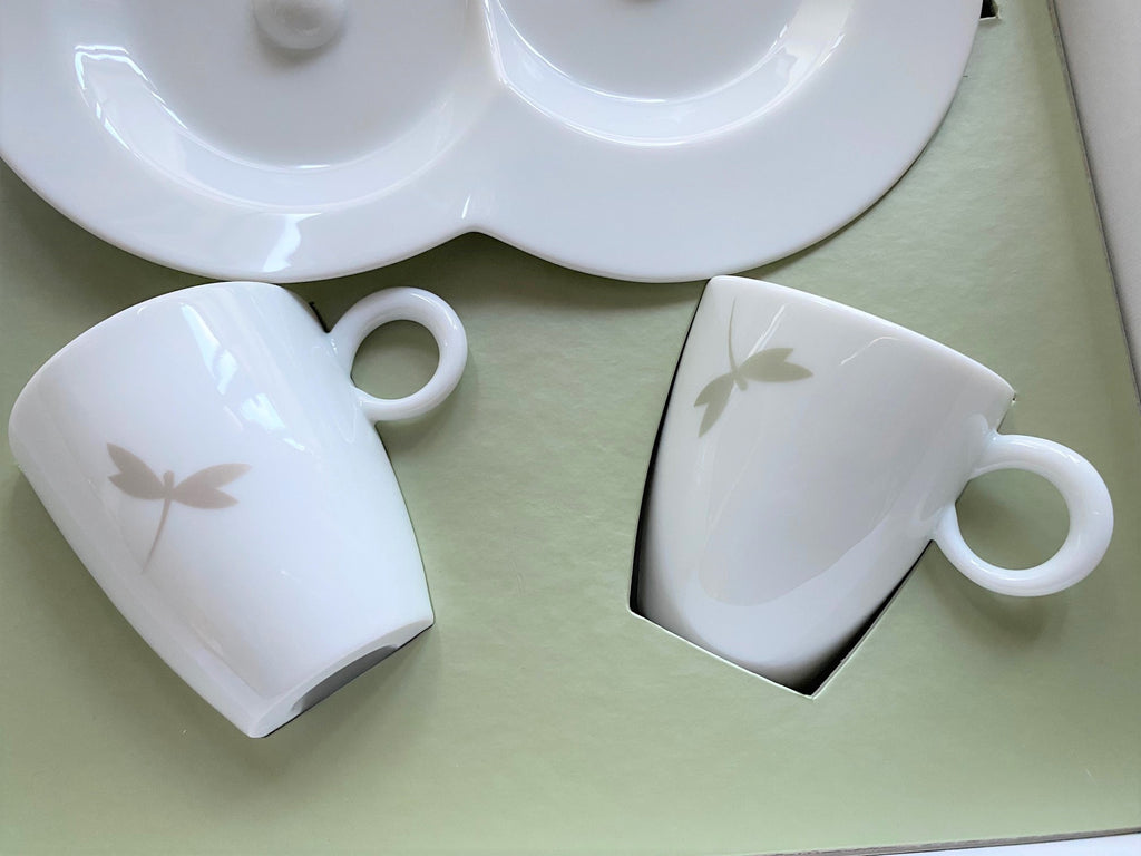Van Cleef & Arpels vintage dragonfly motif porcelain cups & plate box set