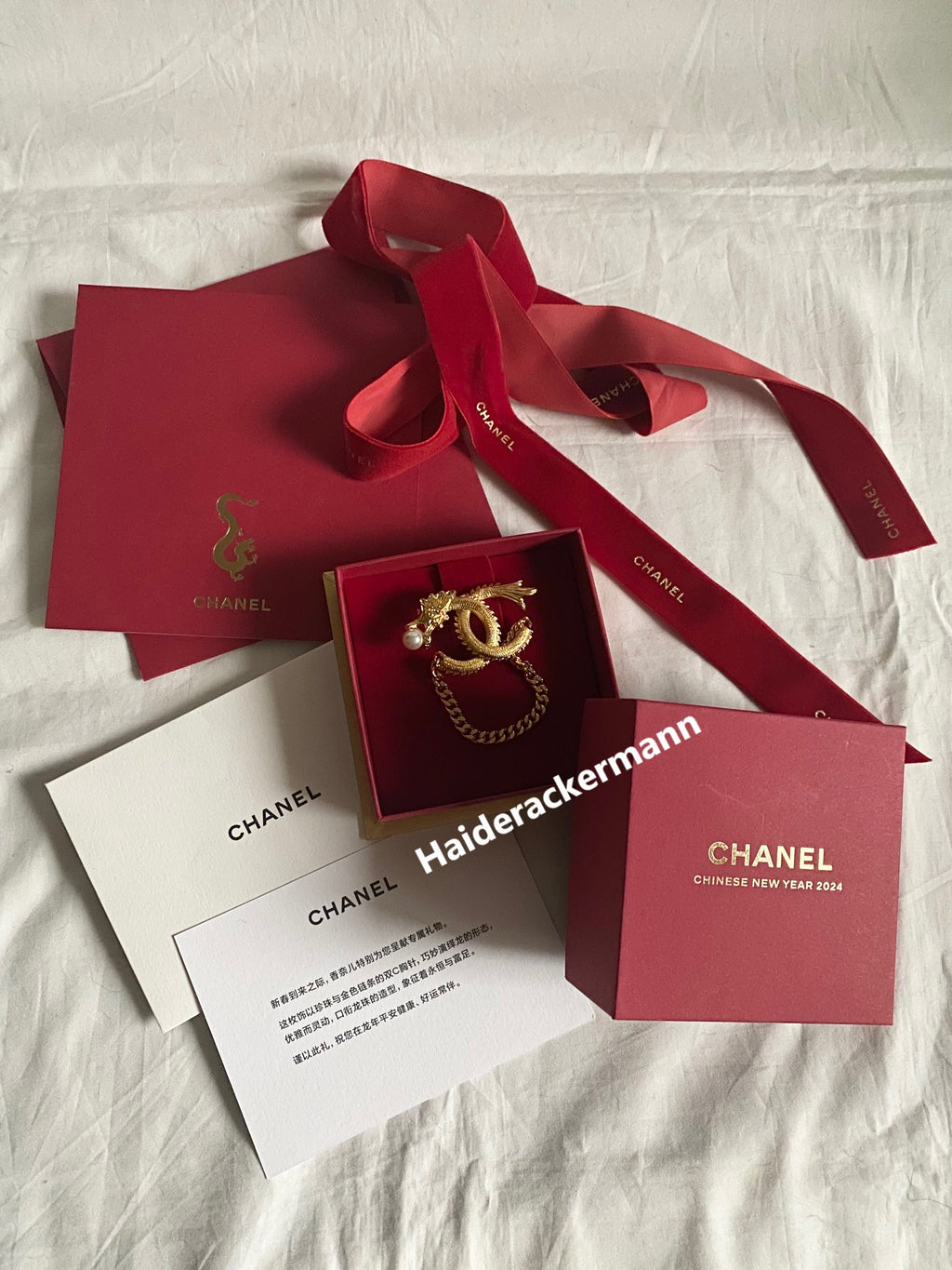 Chanel 2024 Chinese New Year gold dragon cc logo with pearl & chain brooch